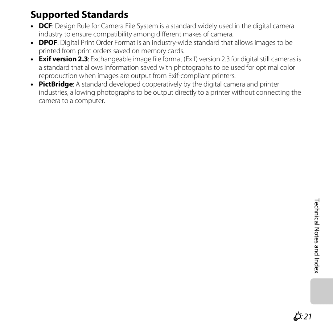 Nikon 26317, S30 manual Supported Standards, F21 