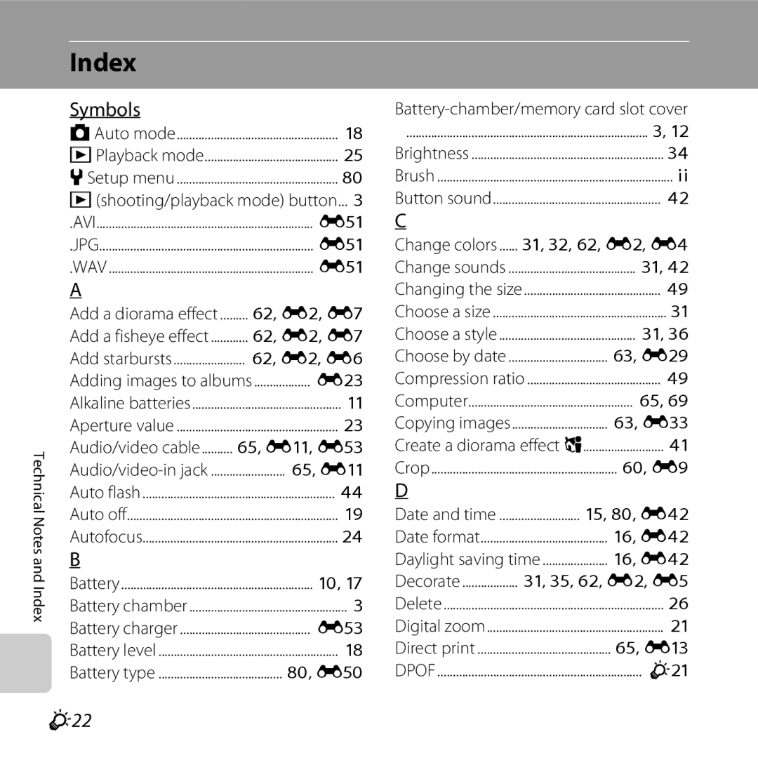 Nikon S30, 26317 manual Index, Symbols, F22 