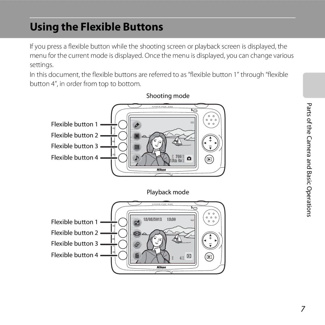 Nikon 26317, S30 manual Using the Flexible Buttons, Shooting mode Flexible button, Playback mode 