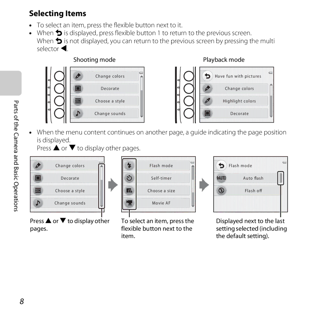 Nikon S30, 26317 Selecting Items, Shooting mode, Press Hor Ito display other To select an item, press, Default setting 