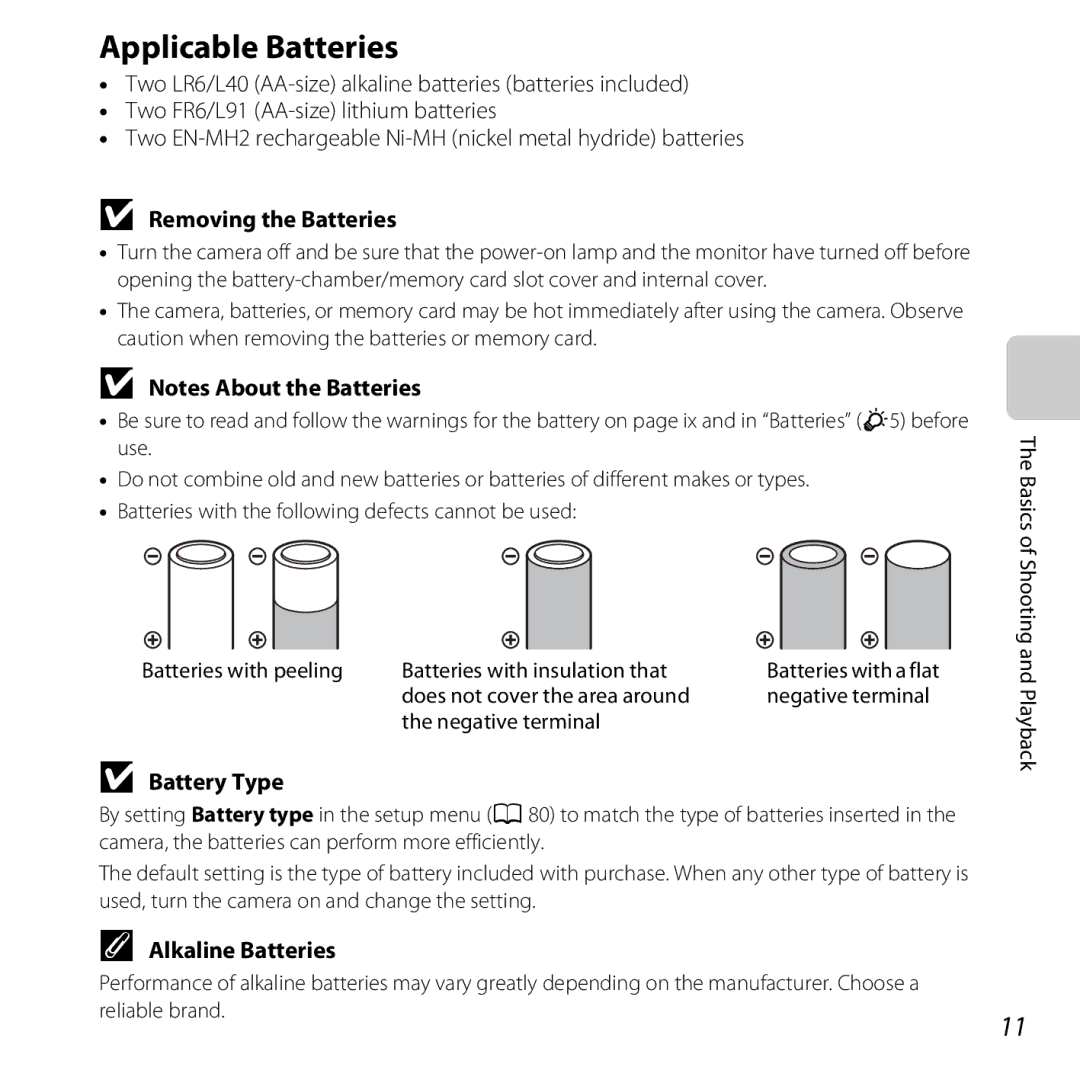 Nikon 26317, S30 manual Applicable Batteries, Removing the Batteries, Battery Type, Alkaline Batteries 