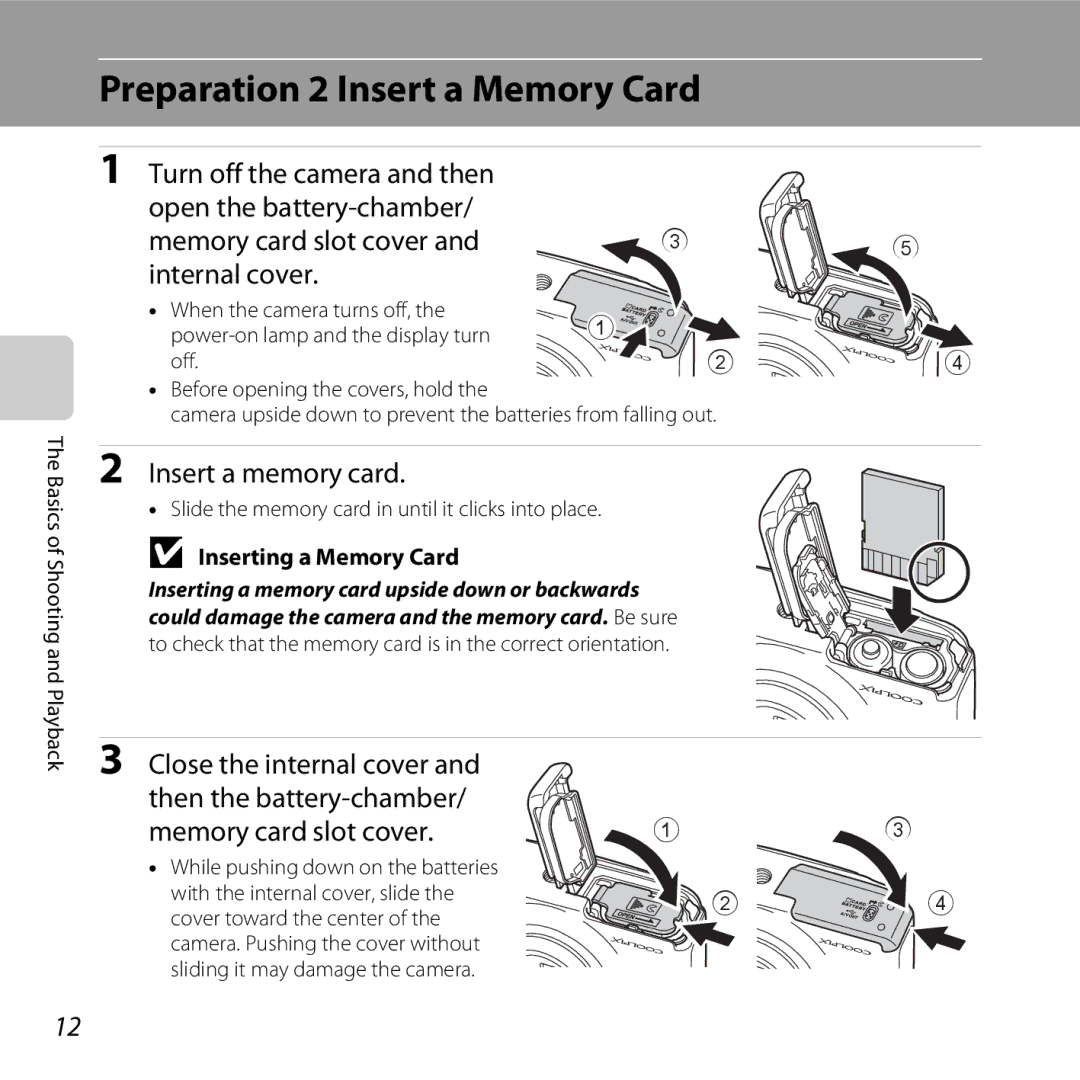 Nikon S30, 26317 manual Preparation 2 Insert a Memory Card, Insert a memory card, Inserting a Memory Card 