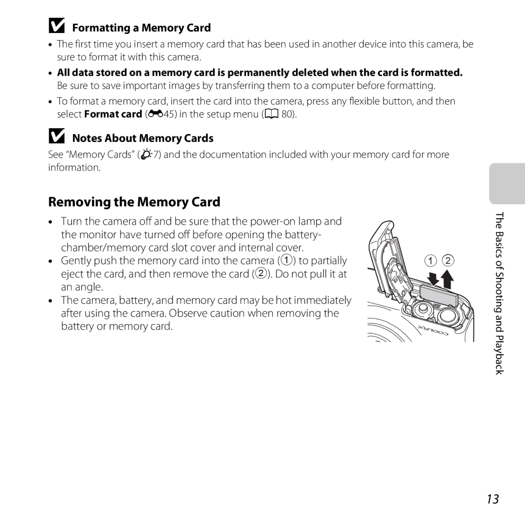 Nikon 26317, S30 manual Removing the Memory Card, Formatting a Memory Card 