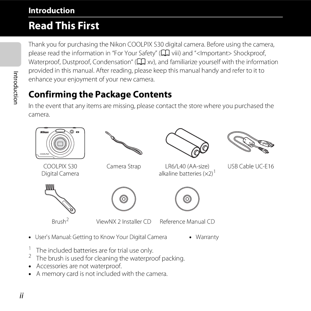 Nikon S30, 26317 manual Read This First, Confirming the Package Contents 