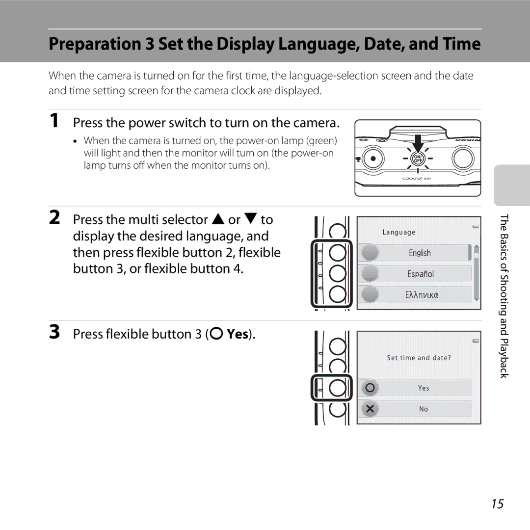 Nikon 26317, S30 manual Preparation 3 Set the Display Language, Date, and Time, Press the power switch to turn on the camera 