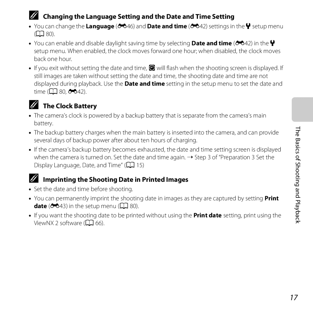 Nikon 26317, S30 manual Changing the Language Setting and the Date and Time Setting, Clock Battery 