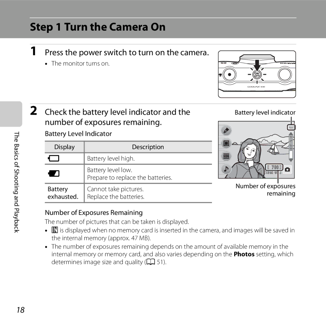 Nikon S30, 26317 manual Turn the Camera On, Monitor turns on, Exhausted, Battery level indicator 