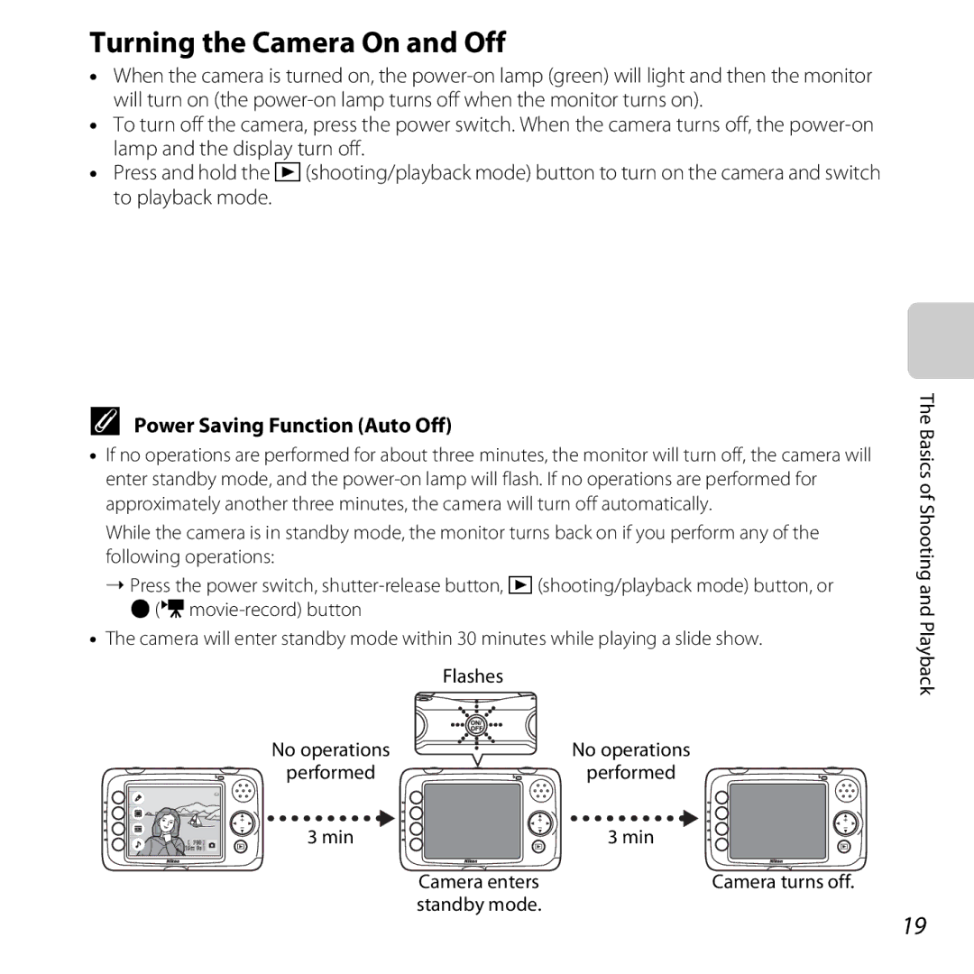 Nikon 26317 Turning the Camera On and Off, Power Saving Function Auto Off, Basics of Shooting and Playback Camera enters 