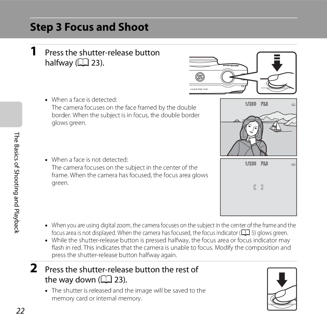 Nikon S30, 26317 manual Focus and Shoot, Press the shutter-release button halfway A23 