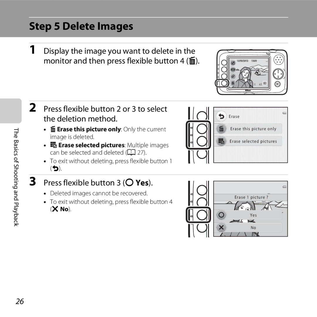 Nikon S30, 26317 manual Delete Images, Press flexible button 2 or 3 to select the deletion method 