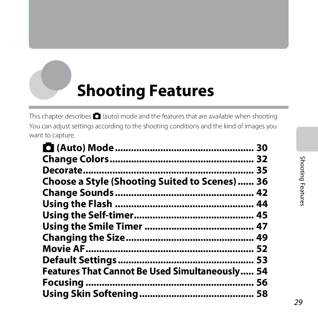 Nikon 26317, S30 manual Change Colors Decorate, Shooting Features 