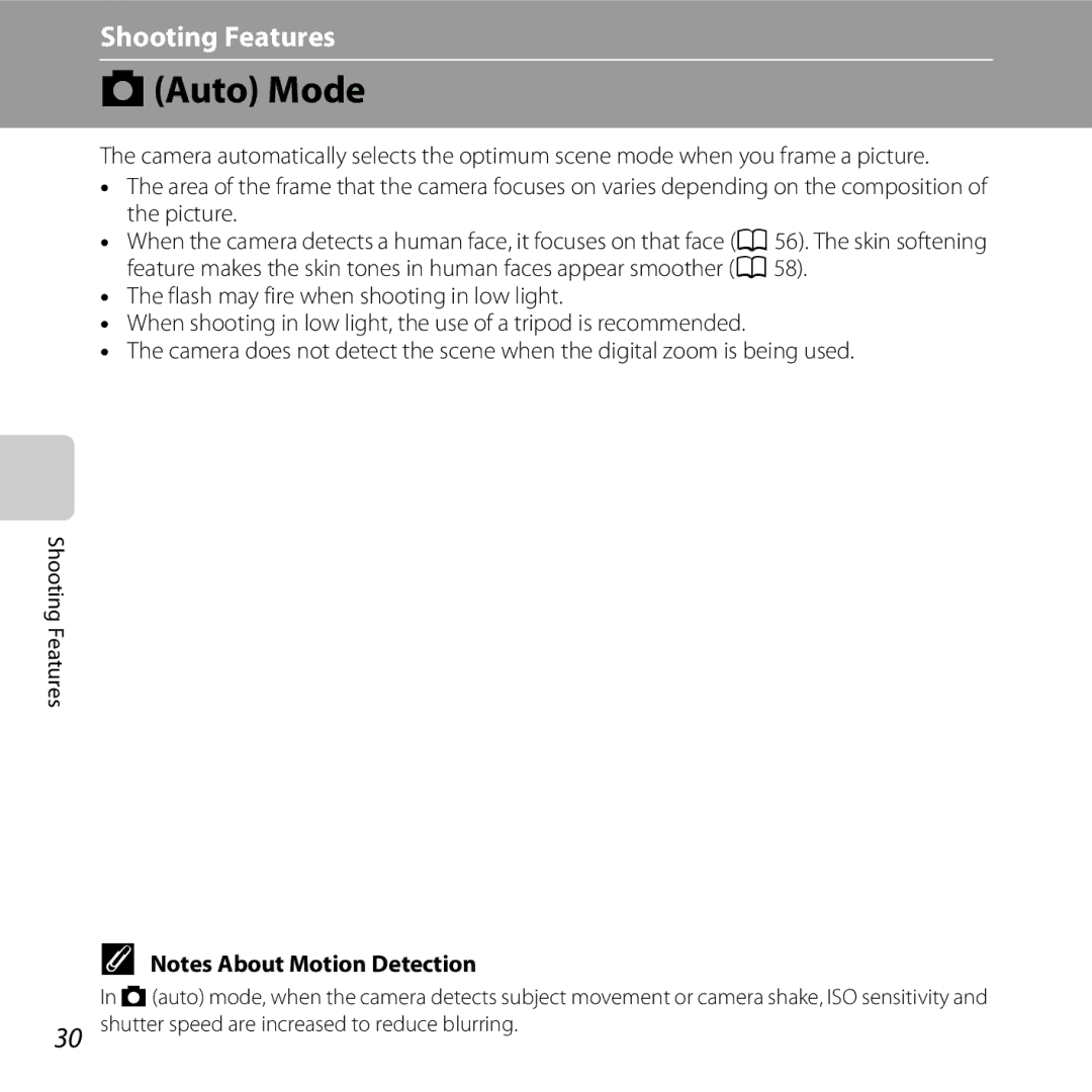 Nikon S30, 26317 manual AAuto Mode, Shutter speed are increased to reduce blurring 