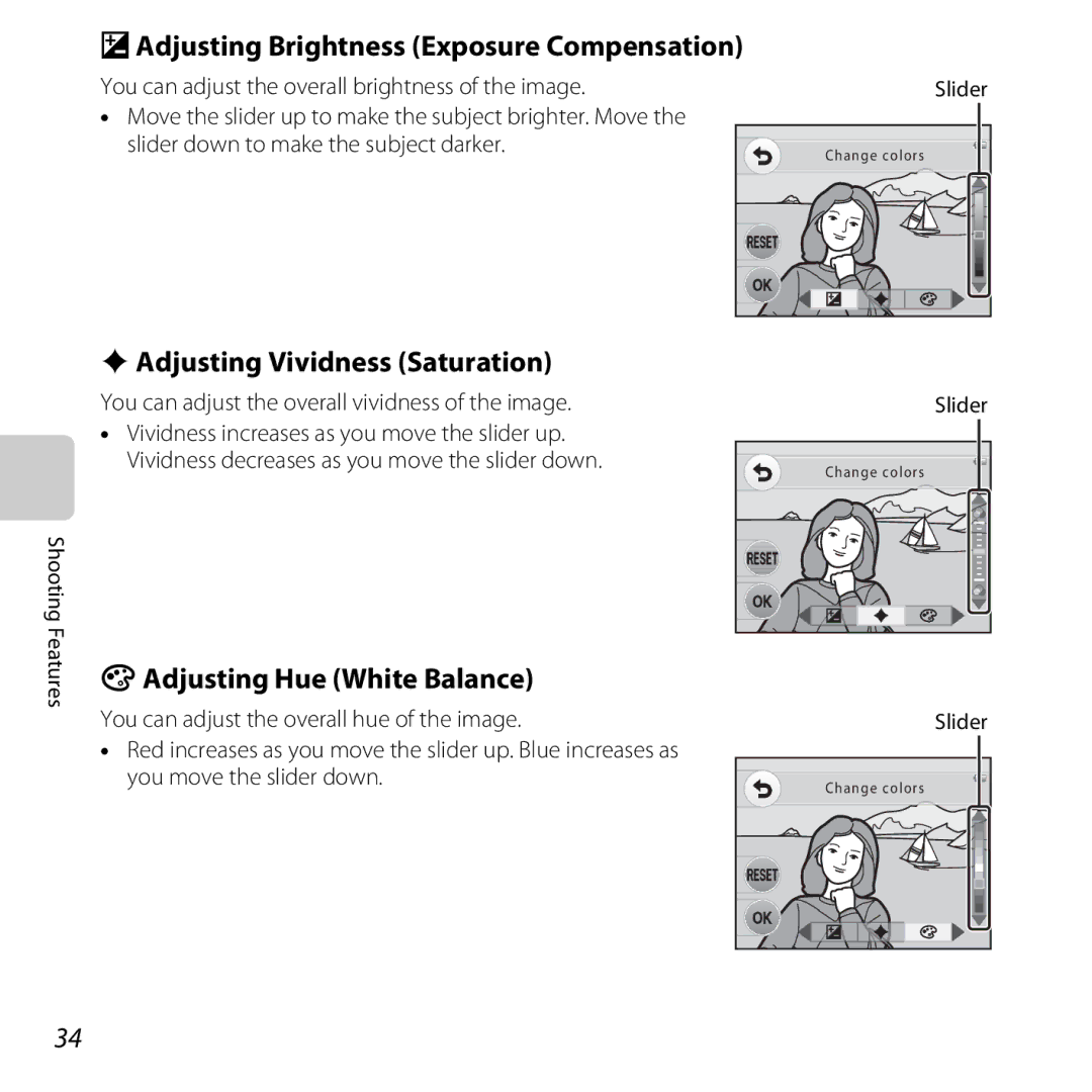 Nikon S30 manual BAdjusting Brightness Exposure Compensation, CAdjusting Vividness Saturation, EAdjusting Hue White Balance 