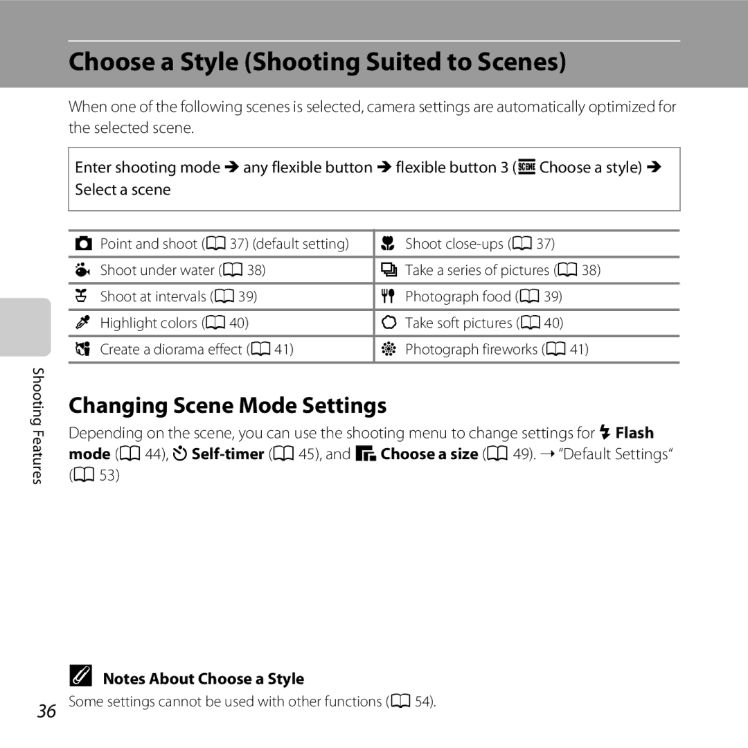 Nikon S30, 26317 manual Choose a Style Shooting Suited to Scenes, Changing Scene Mode Settings 