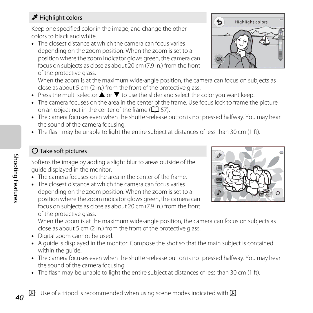 Nikon S30, 26317 manual Shooting Features PHighlight colors 