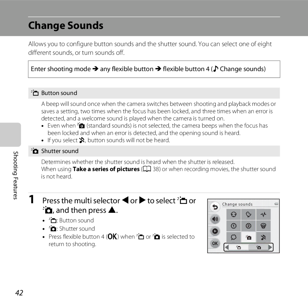 Nikon S30, 26317 manual Change Sounds, Press the multi selector Jor Kto select xor, Then press H, Button sound 