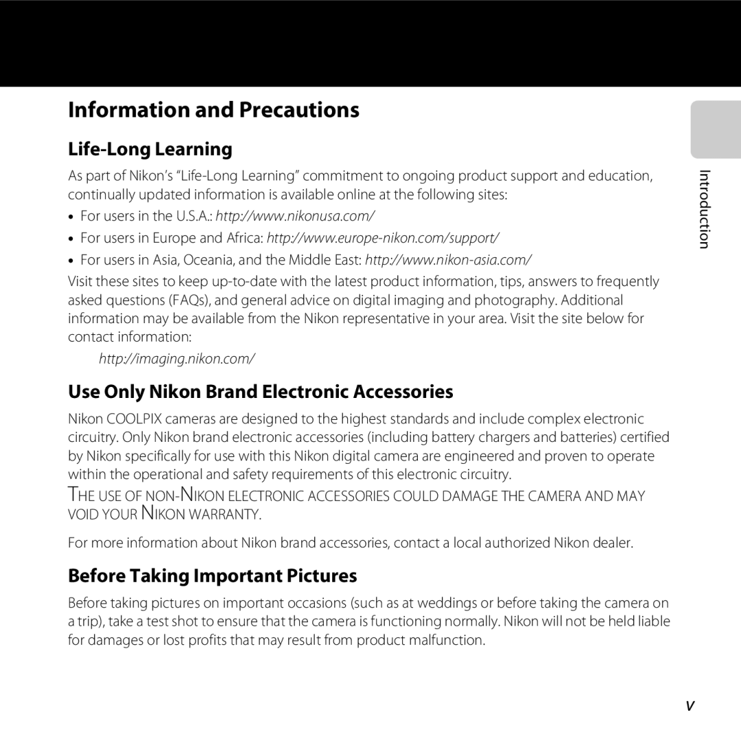 Nikon 26317, S30 manual Information and Precautions, Life-Long Learning, Use Only Nikon Brand Electronic Accessories 