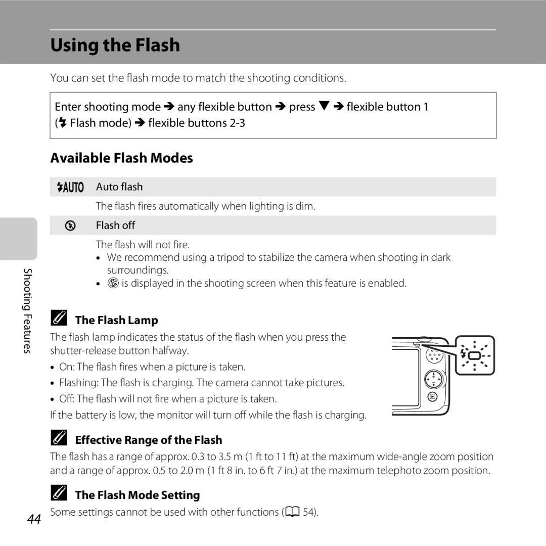 Nikon S30, 26317 manual Using the Flash, Available Flash Modes, Flash Lamp, Effective Range of the Flash, Flash Mode Setting 