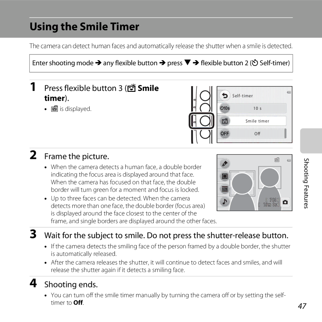 Nikon 26317, S30 manual Using the Smile Timer, Press flexible button 3 YSmile, Shooting ends 
