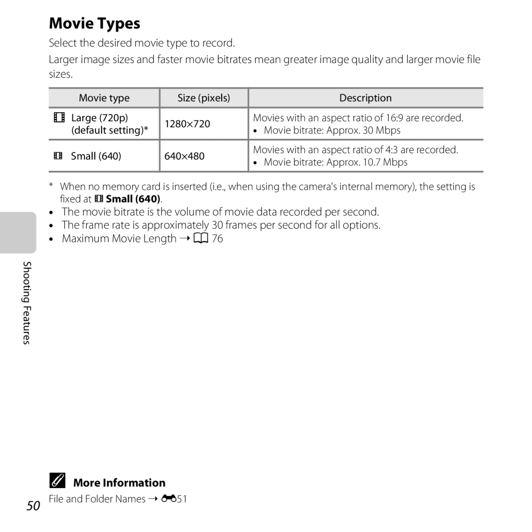 Nikon S30, 26317 manual Movie Types, Movie type Size pixels Description Large 720p 1280×720, Movie bitrate Approx .7 Mbps 