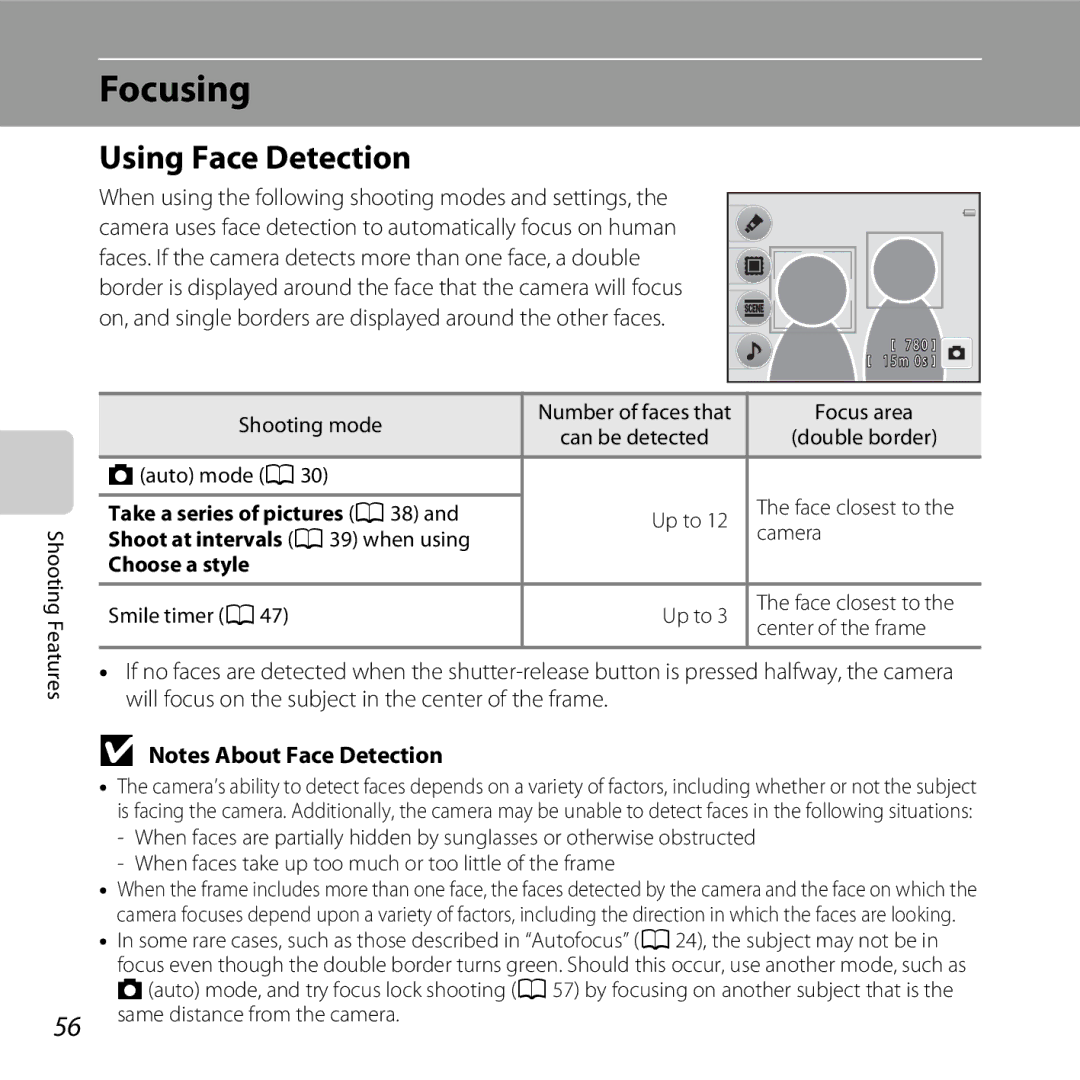 Nikon S30 Focusing, Using Face Detection, Take a series of pictures A38, Shoot at intervals A39 when using, Choose a style 