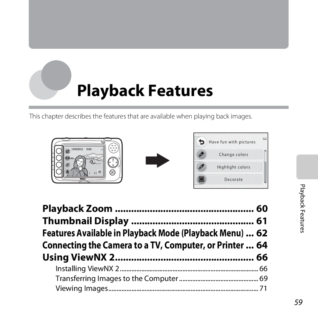 Nikon 26317, S30 manual Playback Zoom Thumbnail Display, Using ViewNX, Playback Features 