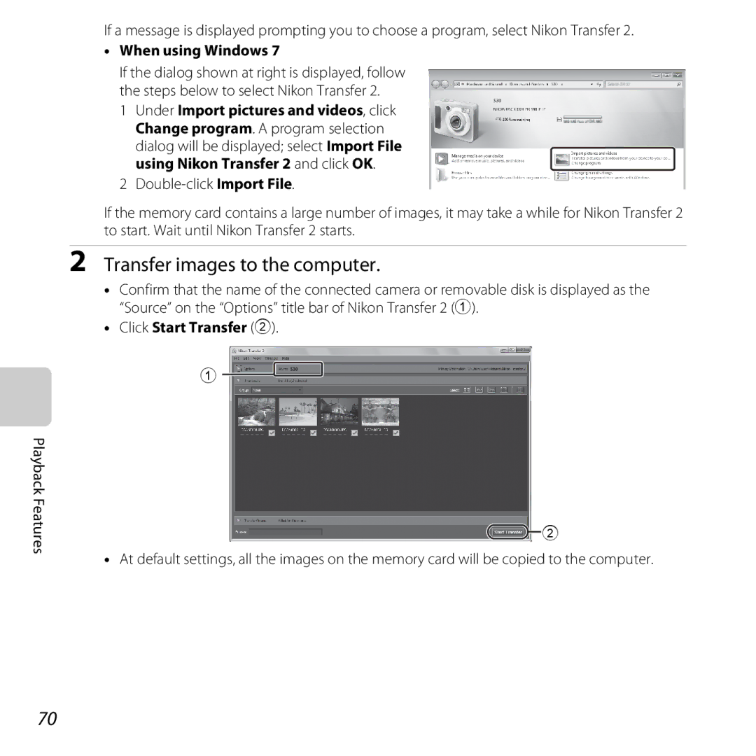 Nikon S30, 26317 manual Transfer images to the computer, When using Windows, Click Start Transfer 