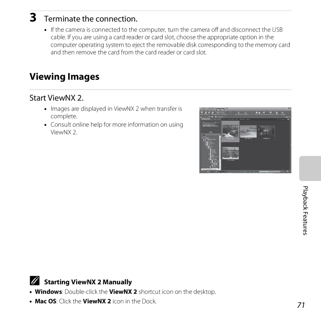 Nikon 26317, S30 manual Viewing Images, Terminate the connection, Start ViewNX, Starting ViewNX 2 Manually 