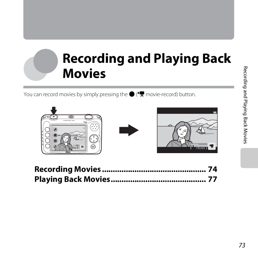 Nikon 26317, S30 manual Recording and Playing Back Movies, Recording Movies Playing Back Movies 