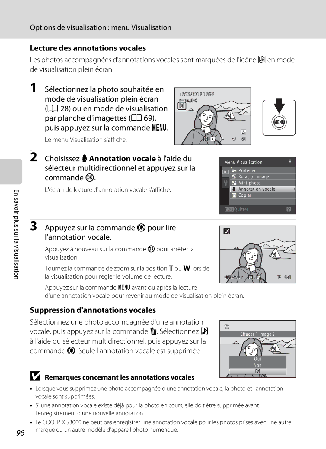 Nikon S3000 manuel dutilisation Lecture des annotations vocales, Appuyez sur la commande k pour lire lannotation vocale 