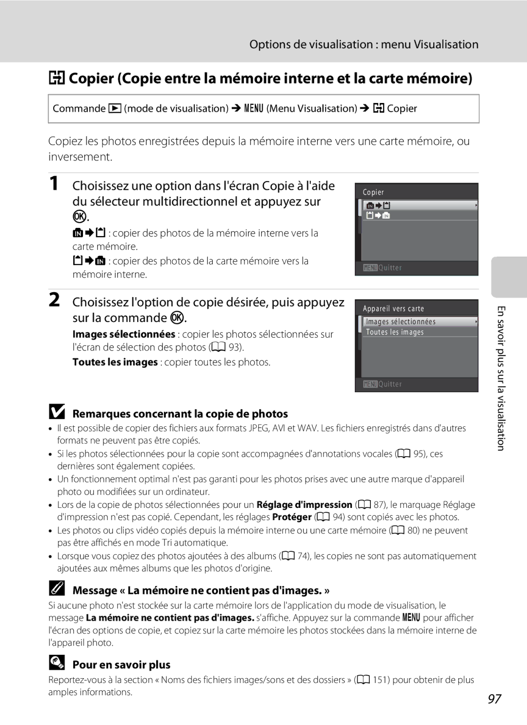 Nikon S3000 HCopier Copie entre la mémoire interne et la carte mémoire, Du sélecteur multidirectionnel et appuyez sur 