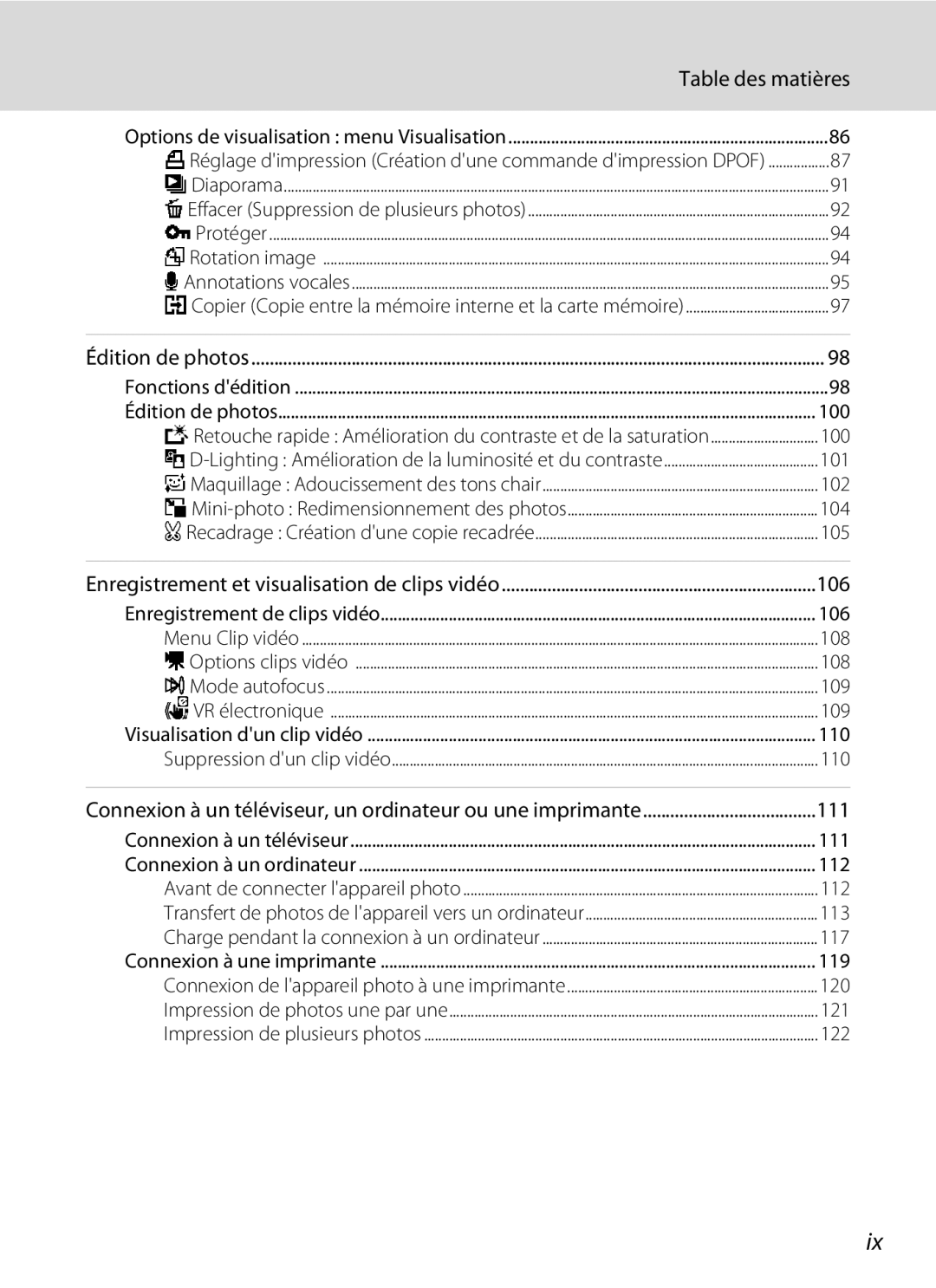 Nikon S3000 Table des matières, 100, 101, 102, 104, 105, 106, 108, 109, 110, 111, 112, 113, 117, 119, 120, 121, 122 