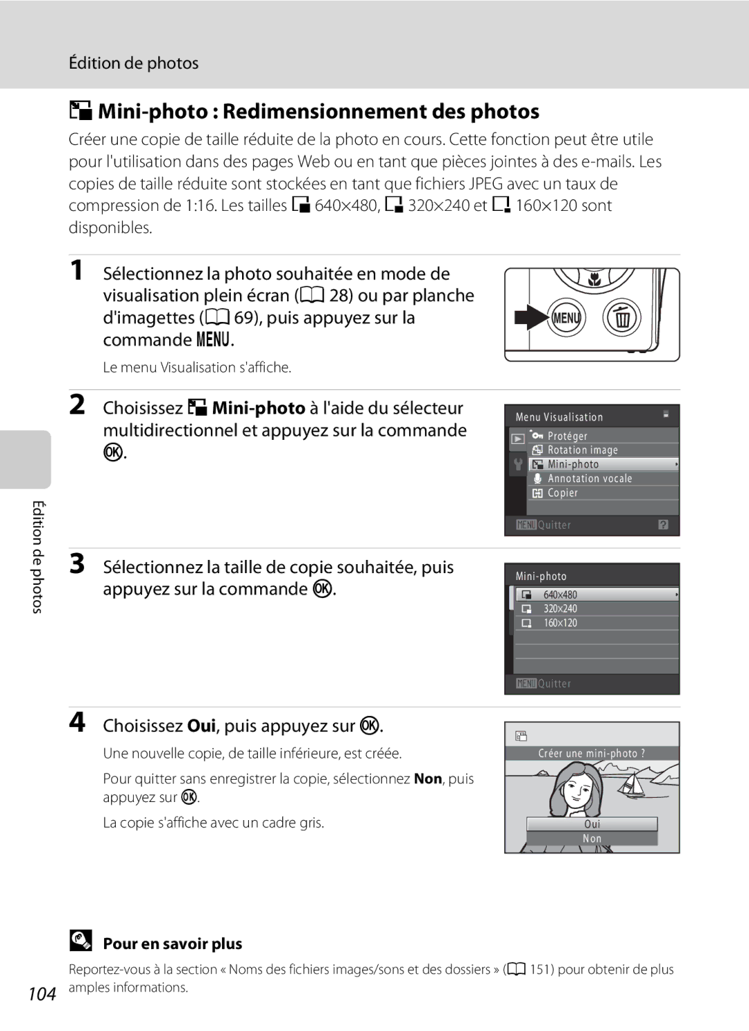 Nikon S3000 manuel dutilisation Mini-photo Redimensionnement des photos, Le menu Visualisation saffiche Édition 