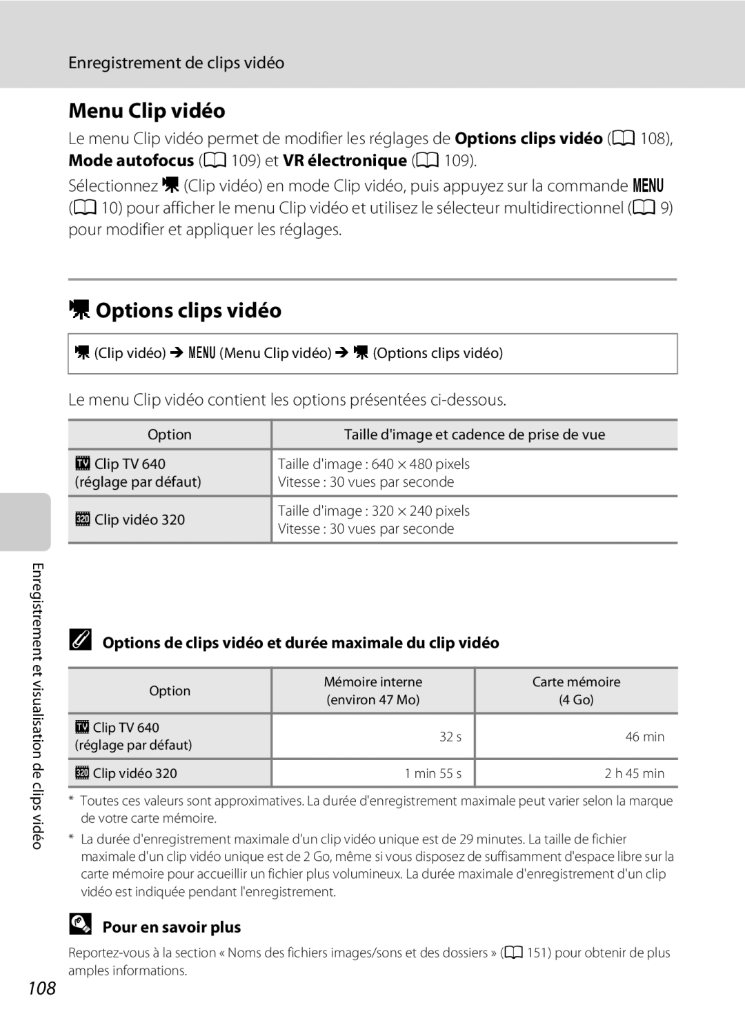 Nikon S3000 Menu Clip vidéo, DOptions clips vidéo, 108, Options de clips vidéo et durée maximale du clip vidéo 