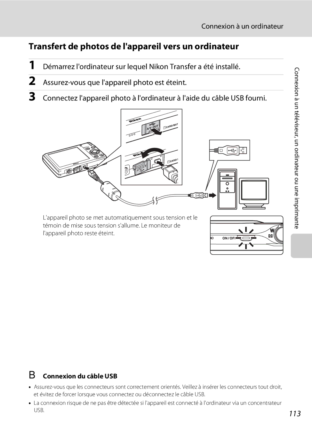 Nikon S3000 Transfert de photos de lappareil vers un ordinateur, 113, Connexion à un ordinateur, Connexion du câble USB 