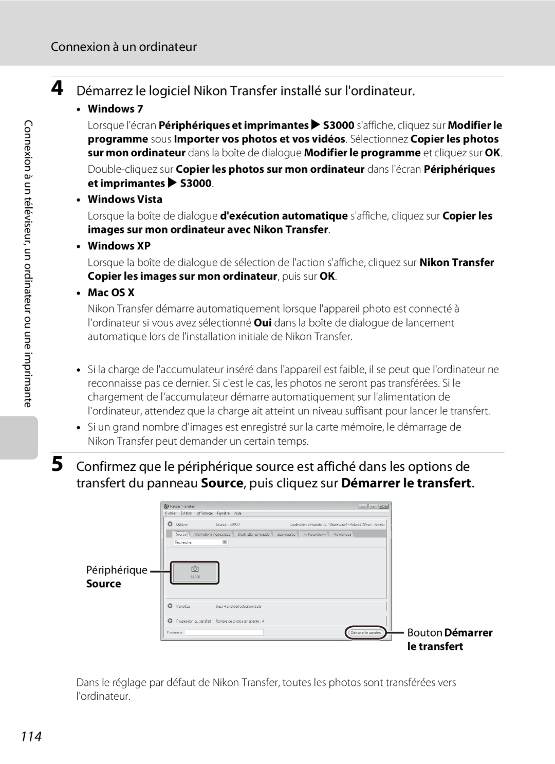 Nikon S3000 manuel dutilisation 114, Windows, Périphérique, Source Bouton Démarrer le transfert 