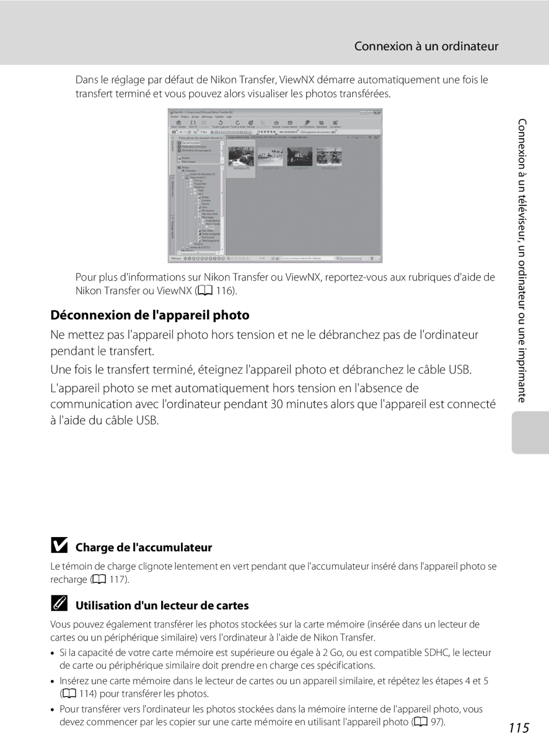 Nikon S3000 115, Déconnexion de lappareil photo, Charge de laccumulateur, Utilisation dun lecteur de cartes 