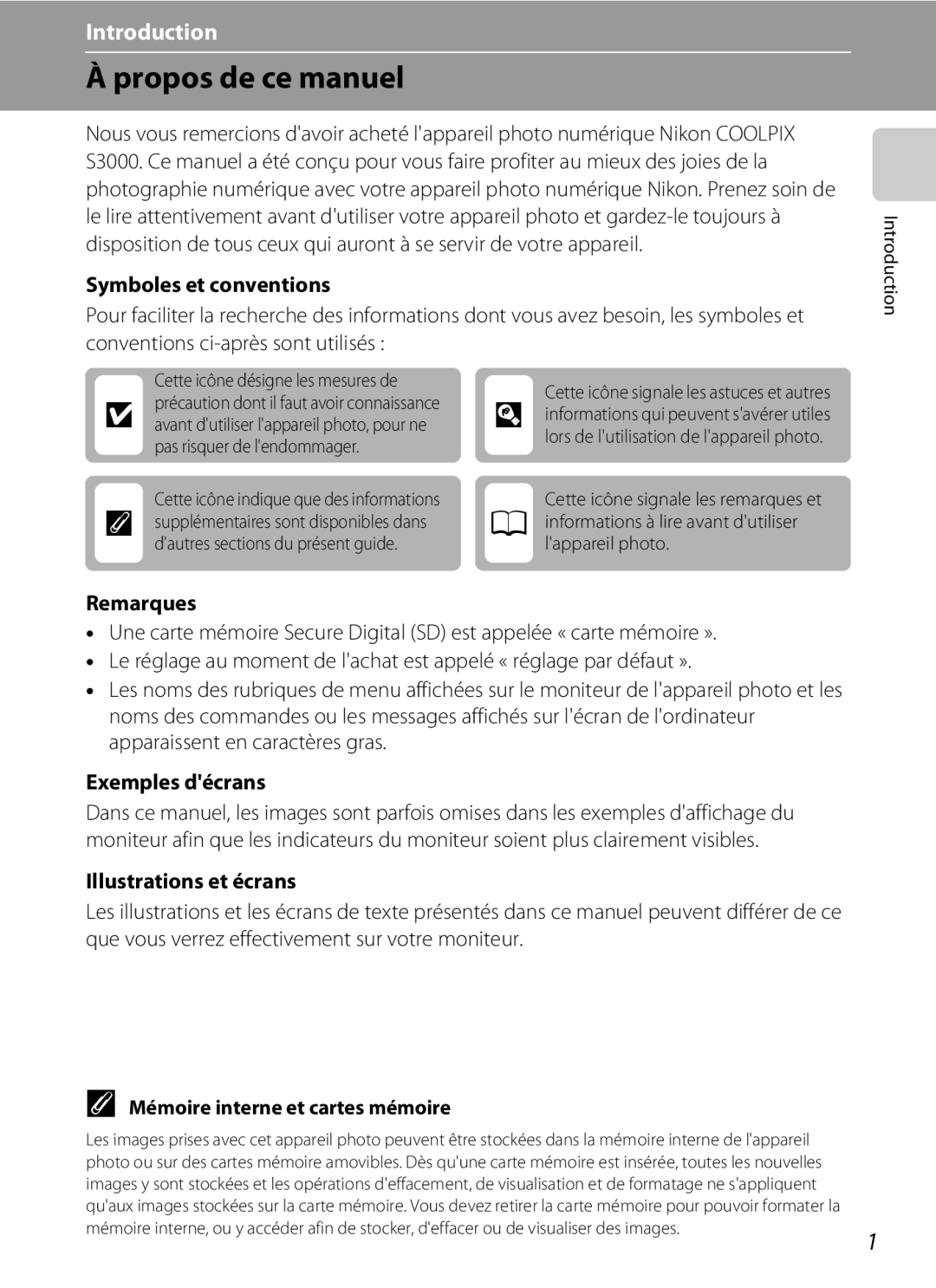 Nikon S3000 Propos de ce manuel, Symboles et conventions, Remarques, Exemples décrans, Illustrations et écrans 