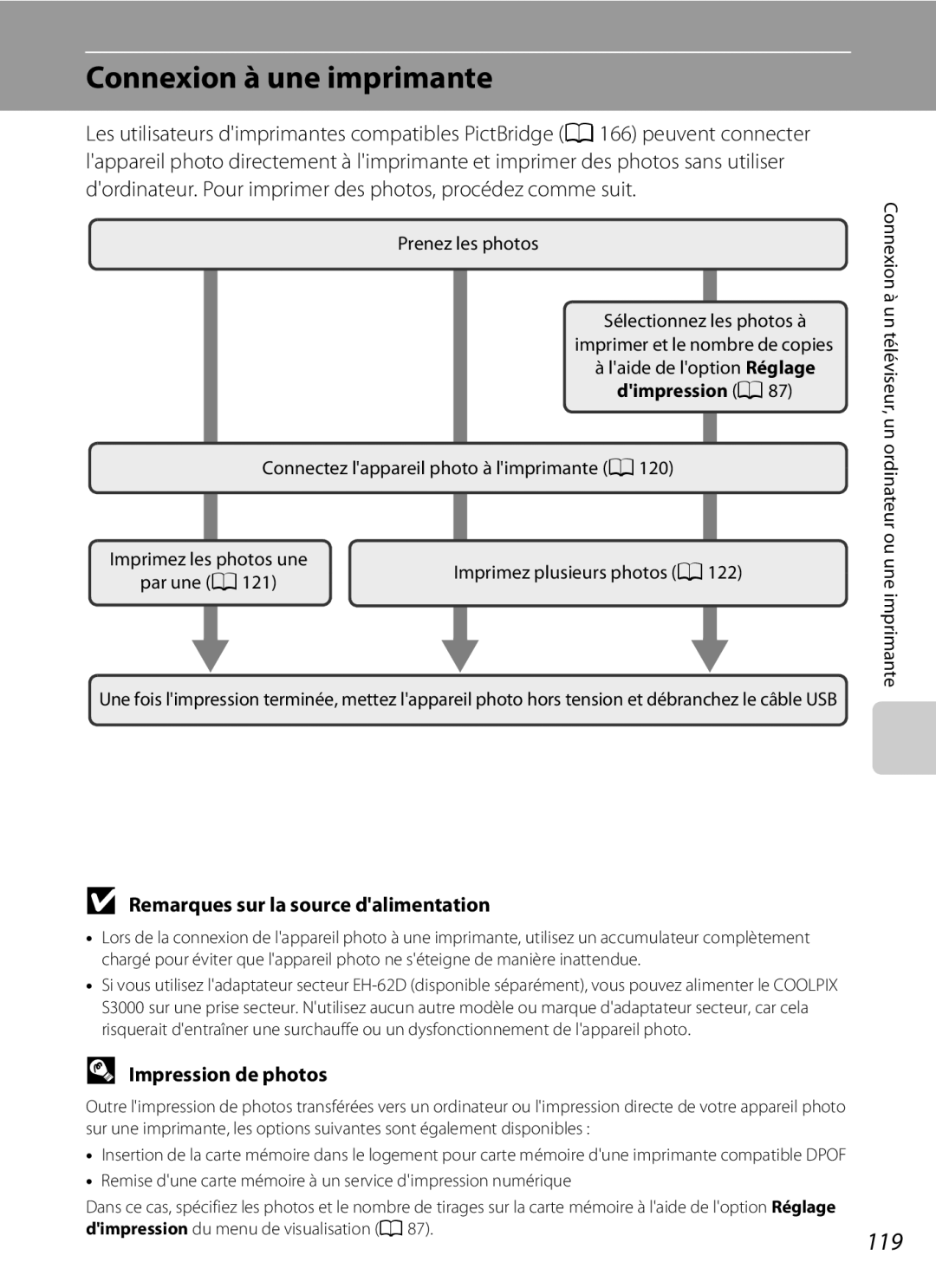 Nikon S3000 manuel dutilisation Connexion à une imprimante, 119, Impression de photos 