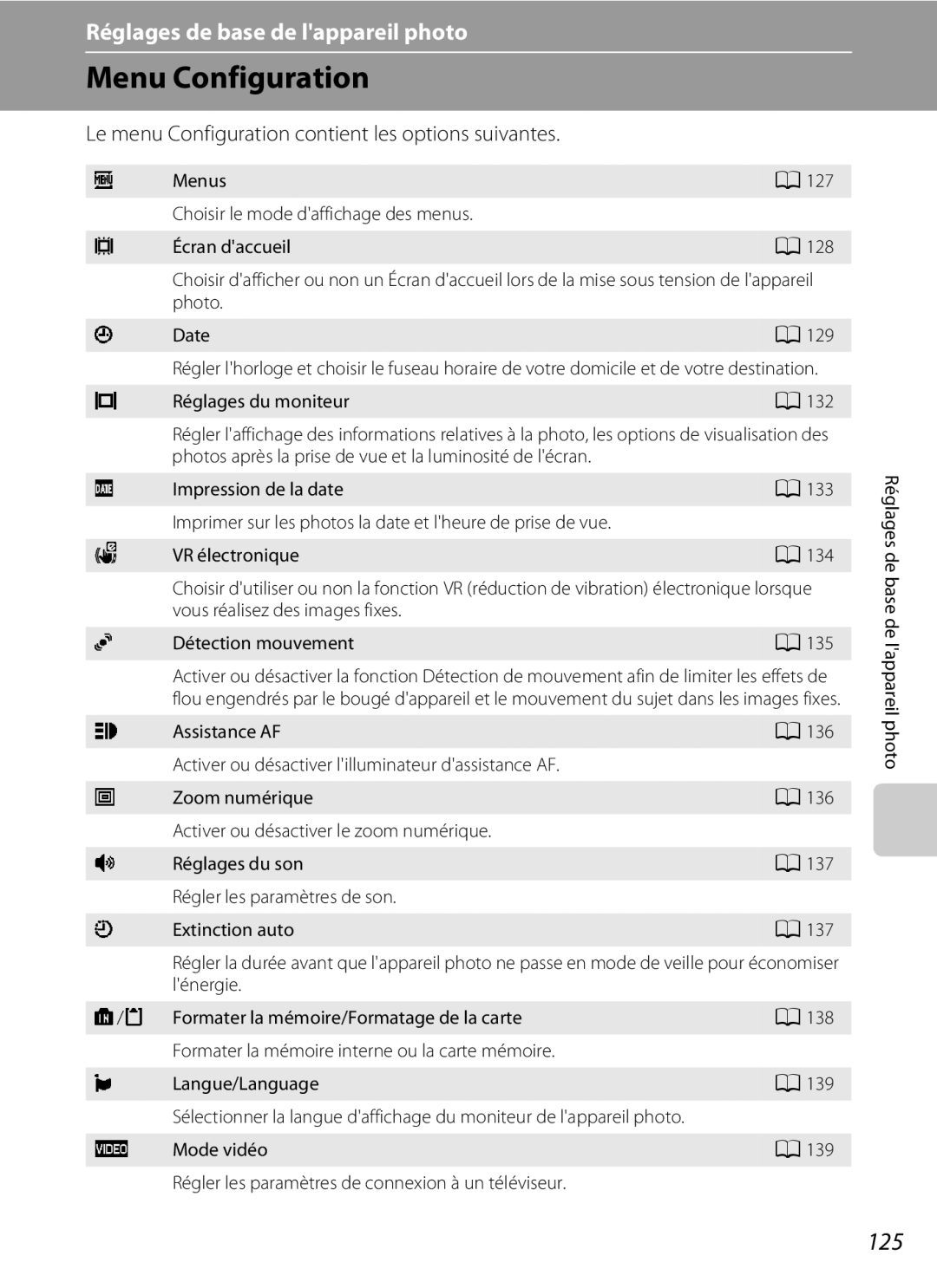 Nikon S3000 manuel dutilisation Menu Configuration, 125, Le menu Configuration contient les options suivantes 