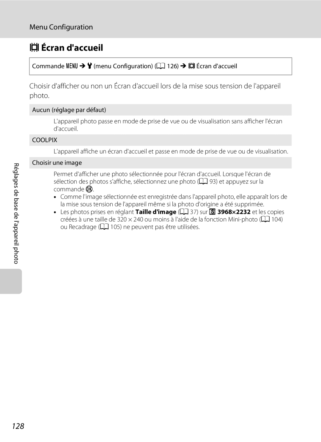 Nikon S3000 manuel dutilisation CÉcran daccueil, 128, Commande d M zmenu Configuration a 126 M cÉcran daccueil 