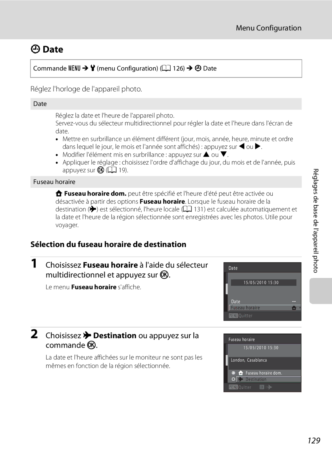 Nikon S3000 manuel dutilisation Date, 129, Réglez lhorloge de lappareil photo, Sélection du fuseau horaire de destination 