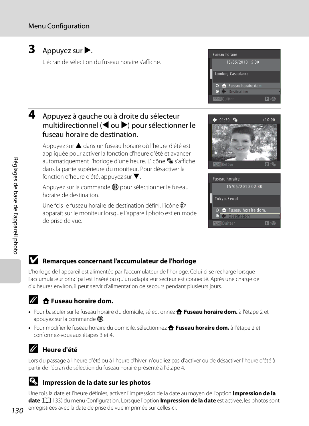 Nikon S3000 Menu Configuration Appuyez sur K, Remarques concernant laccumulateur de lhorloge, WFuseau horaire dom 