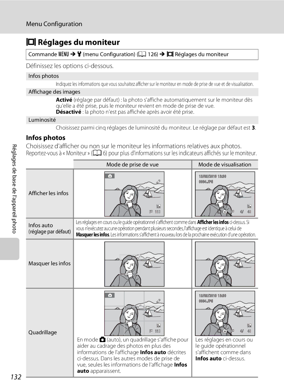 Nikon S3000 ERéglages du moniteur, 132, Définissez les options ci-dessous, Infos photos, Infos auto ci-dessus 