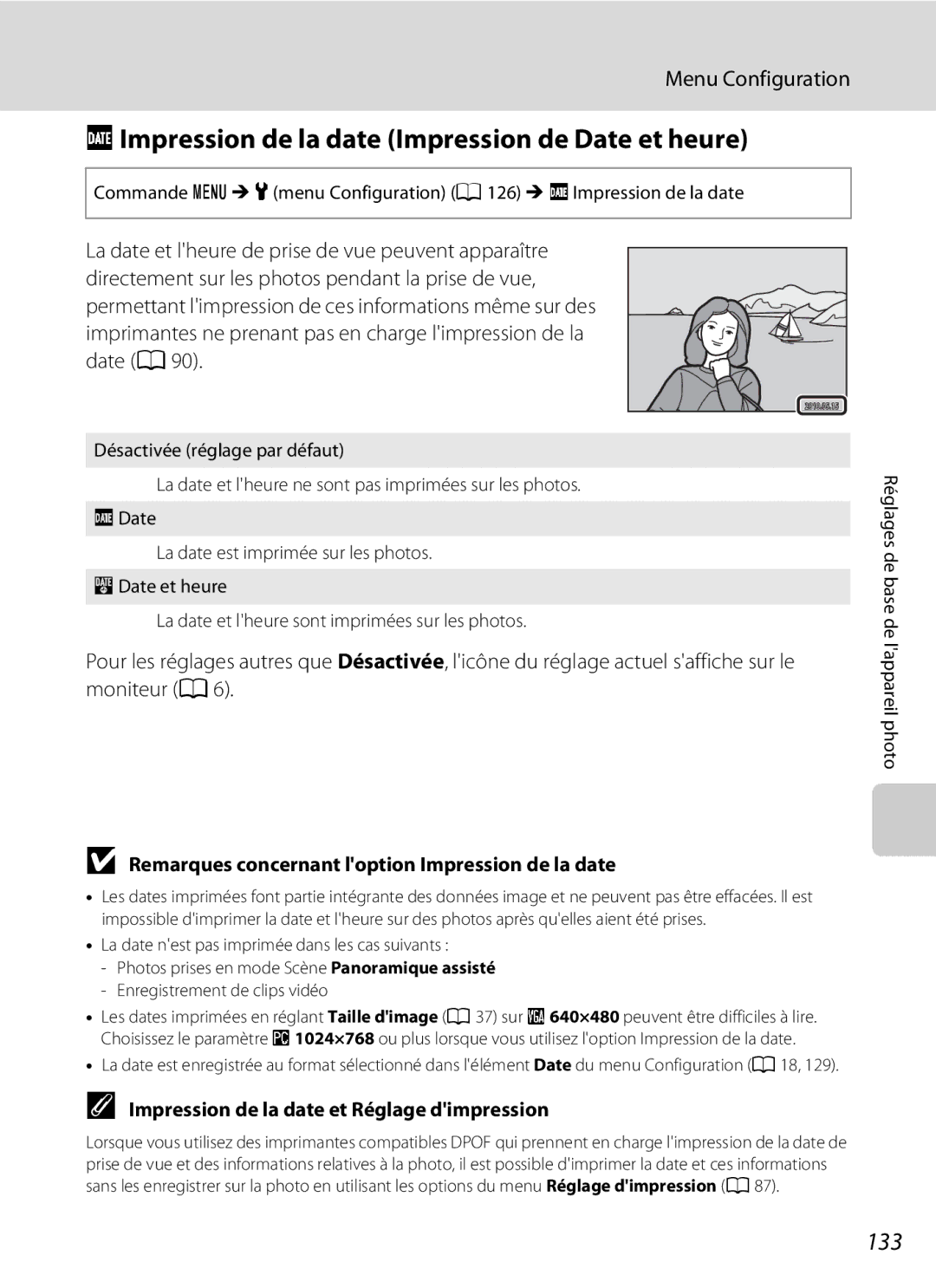 Nikon S3000 FImpression de la date Impression de Date et heure, 133, Remarques concernant loption Impression de la date 