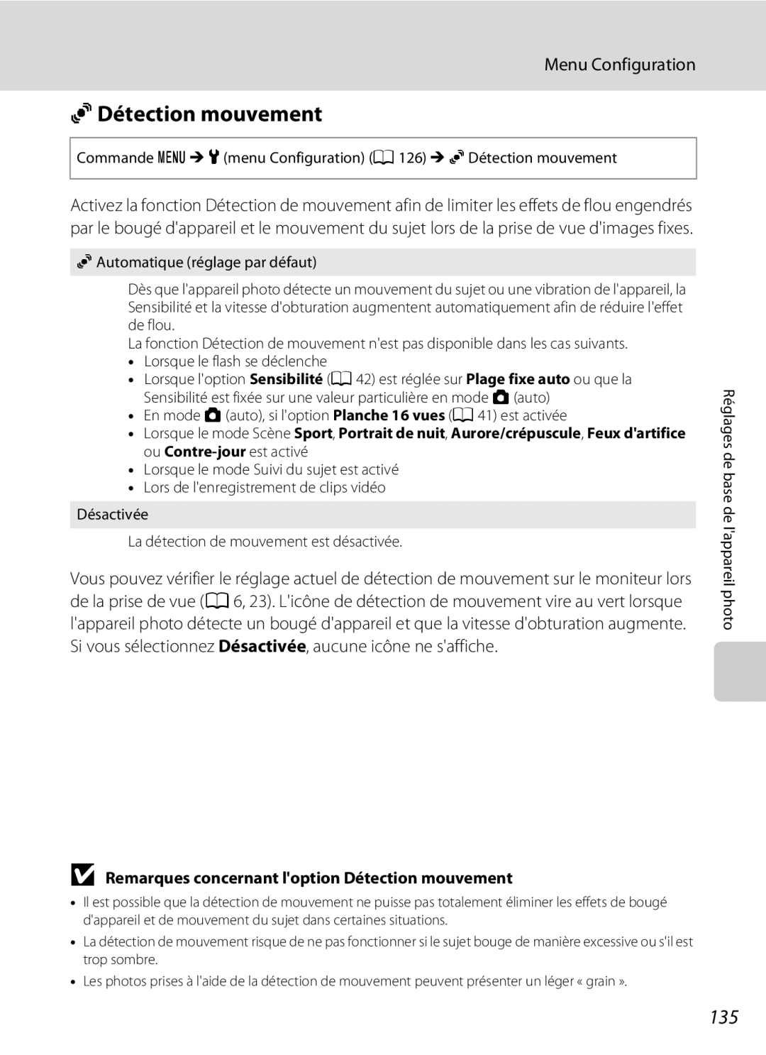Nikon S3000 manuel dutilisation UDétection mouvement, 135, Remarques concernant loption Détection mouvement 