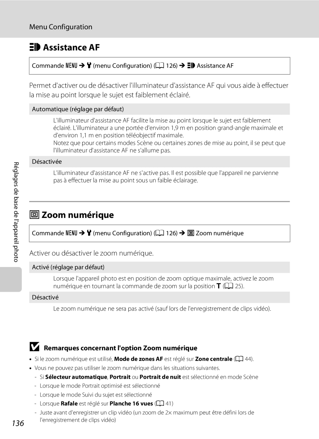 Nikon S3000 manuel dutilisation HAssistance AF, UZoom numérique, 136, Activer ou désactiver le zoom numérique 