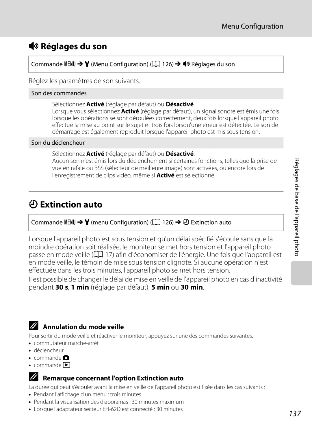 Nikon S3000 manuel dutilisation IRéglages du son, KExtinction auto, 137, Réglez les paramètres de son suivants 