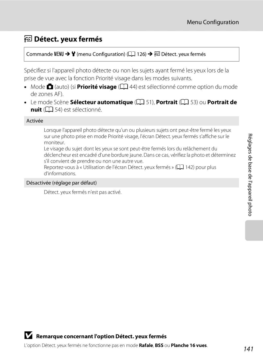 Nikon S3000 manuel dutilisation DDétect. yeux fermés, 141, Remarque concernant loption Détect. yeux fermés 