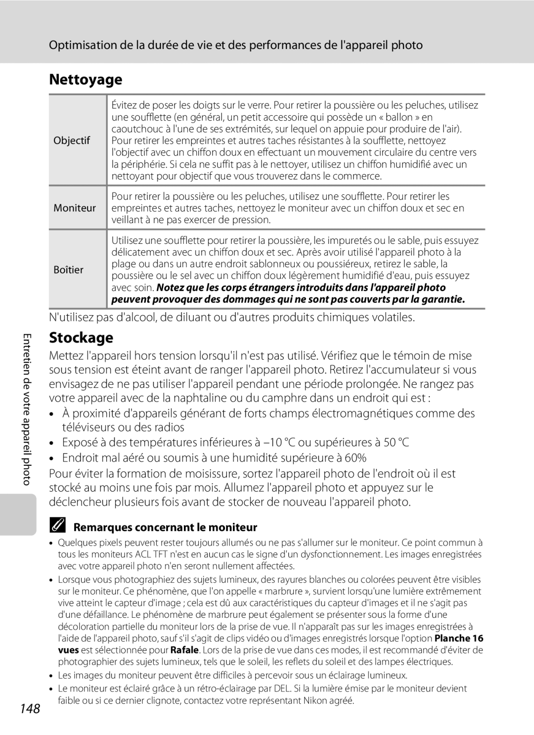 Nikon S3000 manuel dutilisation Nettoyage, Stockage, 148, Remarques concernant le moniteur 